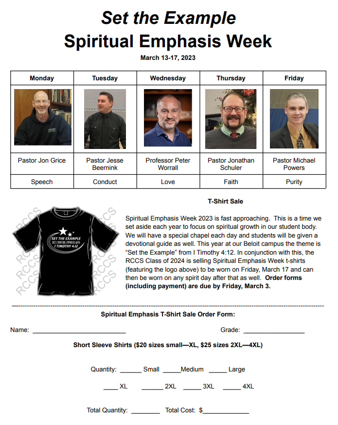 Rock County Christian School Spiritual Emphasis Week Order form